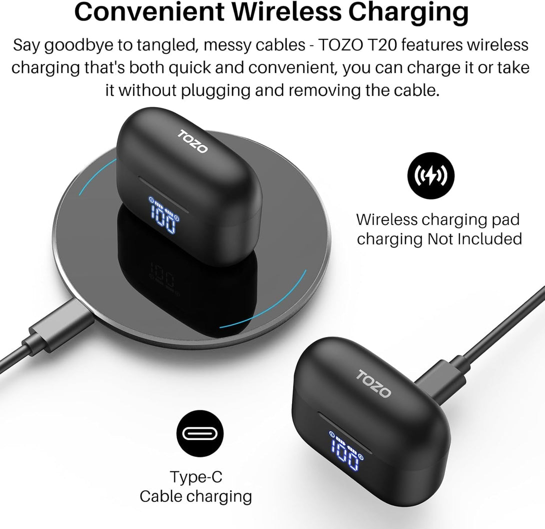 TOZO T20 Wireless Earbuds Bluetooth Headphones 48.5 Hrs Playtime with LED Digital Display, IPX8 Waterproof, Dual Mic Call Noise Cancelling 10Mm Broad Range Speakers with Wireless Charging Case