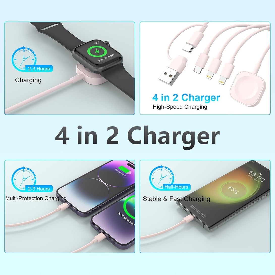 4 in 2 Travel Multi Charging Cable for Apple Watch Charger (6FT/1.8M), Universal Chargers for All Devices Travel Essentials Compatible with Apple Iphone Android Phone and Iwatch Ipad, Airpods(Pink)