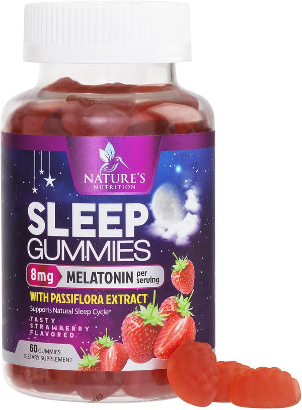 Sleep Gummy 8Mg Melatonin - Extra Strength Sleep Support with 20Mg Passiflora, Natural Sleeping Gummies for Adults, Vegan & Non-Gmo, Melatonin Supplement for Restful Sleep Women & Men - 60 Gummies