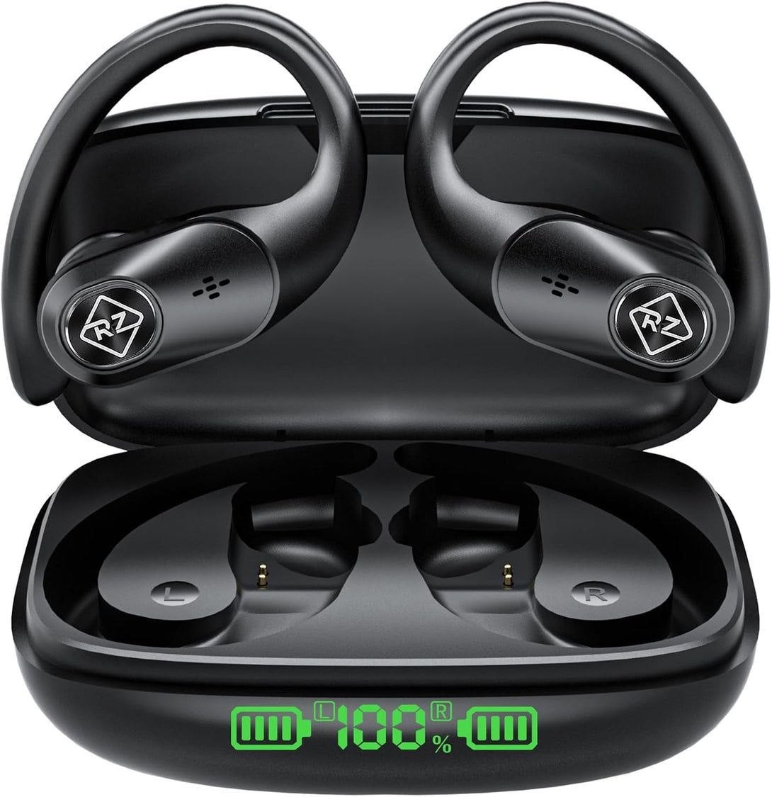 Wireless Earbuds Bluetooth Headphones 96H Playtime LED Display Waterproof Built in Mic Deep Bass Sound Secure over Ear Buds Earhooks for Iphone Android Samsung Cell Phones Sport Running Workout Gaming