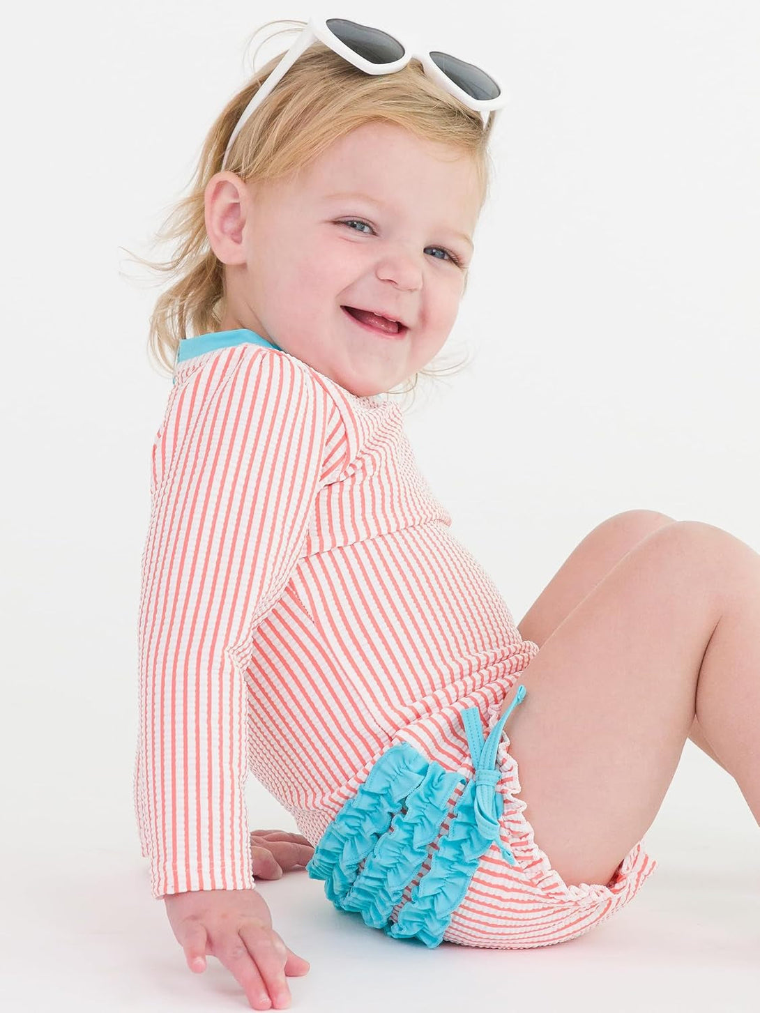 Rufflebutts Baby/Toddler Girls Seersucker Long Sleeve One Piece Rash Guard Swimsuit with UPF 50+ Sun Protection