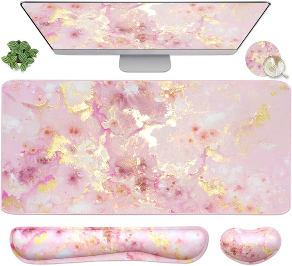4-In-1 Large Gaming Mouse Pad, Keyboard Wrist Rest Pad & Wrist Support Mousepad Set, Extended Desk Pad Waterproof Desk Mat for Home Office Study Game-Pink Gold Marble
