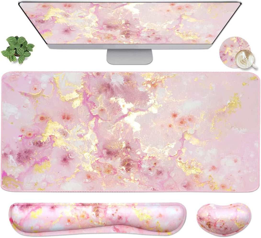 4-In-1 Large Gaming Mouse Pad, Keyboard Wrist Rest Pad & Wrist Support Mousepad Set, Extended Desk Pad Waterproof Desk Mat for Home Office Study Game-Pink Gold Marble