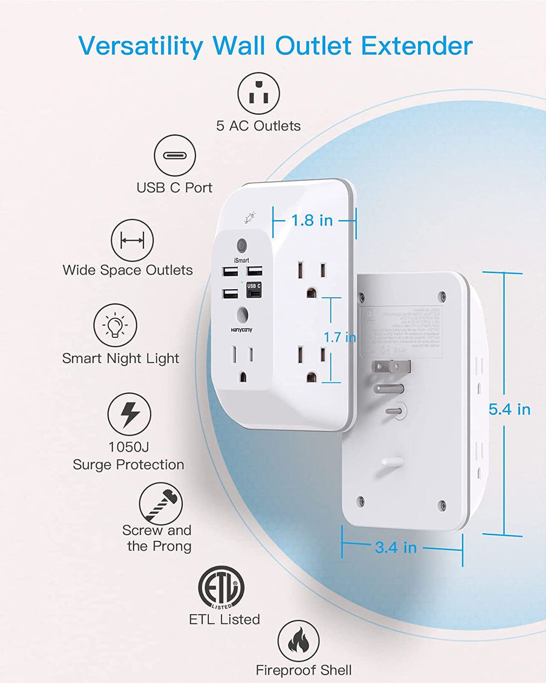 Outlet Extender with Night Light, HANYCONY Multi Plug Outlet, USB Wall Charger Surge Protector 4 USB Ports(1 USB C), Power Strip Electrical Outlet Splitter Expander for Home Office Dorm Room, ETL