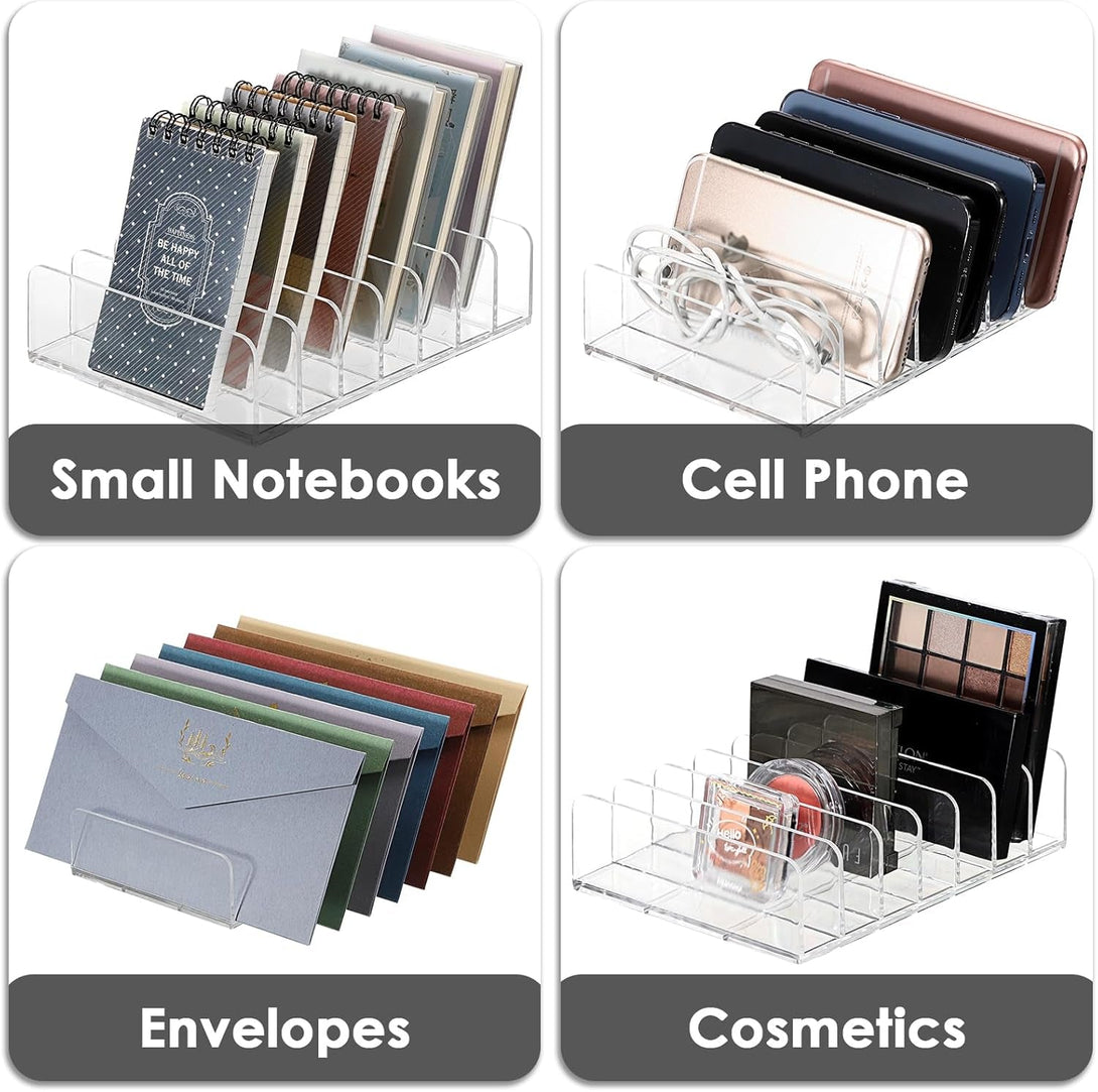 Hipiwe Clear CD Holder - 7 Slot CD Storage Box CD DVD Display Rack Tray Holds up to 14 Standard CD Cases, Tabletop Plastic File Divider for Paper Mail Bill Eyeshadow Palette Organizer, 2-Pack