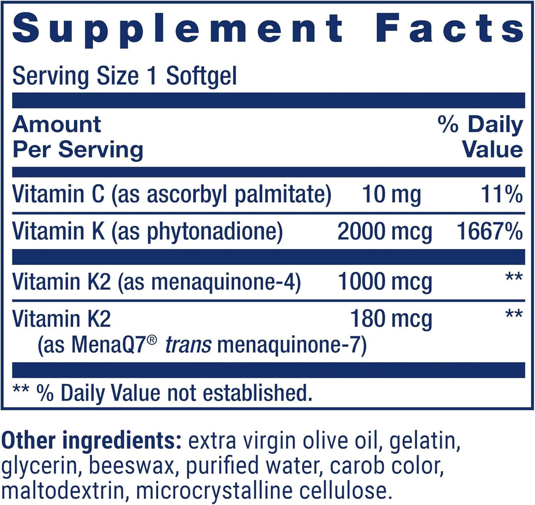 Life Extension Super K, Vitamin K1, Vitamin K2 Mk-7, Vitamin K2 Mk-4, Vitamin C, Bone/Heart/Arterial Health, 3-Month Supply, Gluten-Free, 1 Daily, Non-Gmo, 90 Softgels
