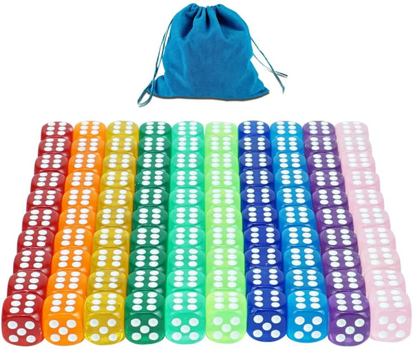100Pcs 16Mm Game Dice D6 Six Sided of Rounded Translucent for Yahtzee,Tenzi, Farkle, Bunco, DND, MTG, Rpg,Table Board Game or Teaching Math with a Beautiful Blue Drawstring Storage Bag