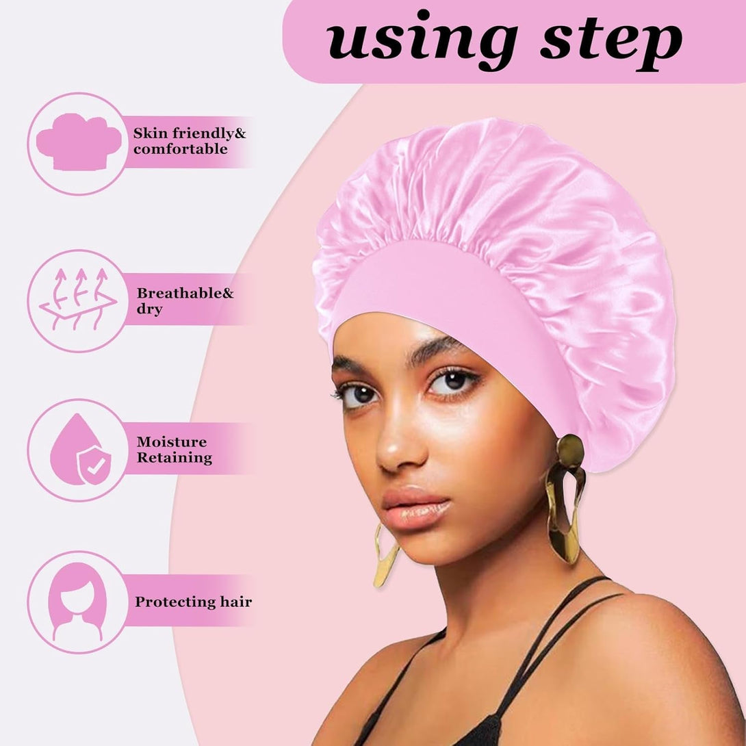 4PCS Satin Hair Bonnet for Sleeping,Bonnets for Black Women Men,Silk Bonnet for Sleeping,Hair Wrap Cap for Curly Hair,Elastic Wide Band Hair Bonnet Shower Cap (Black & Blue & Pink & Purple)