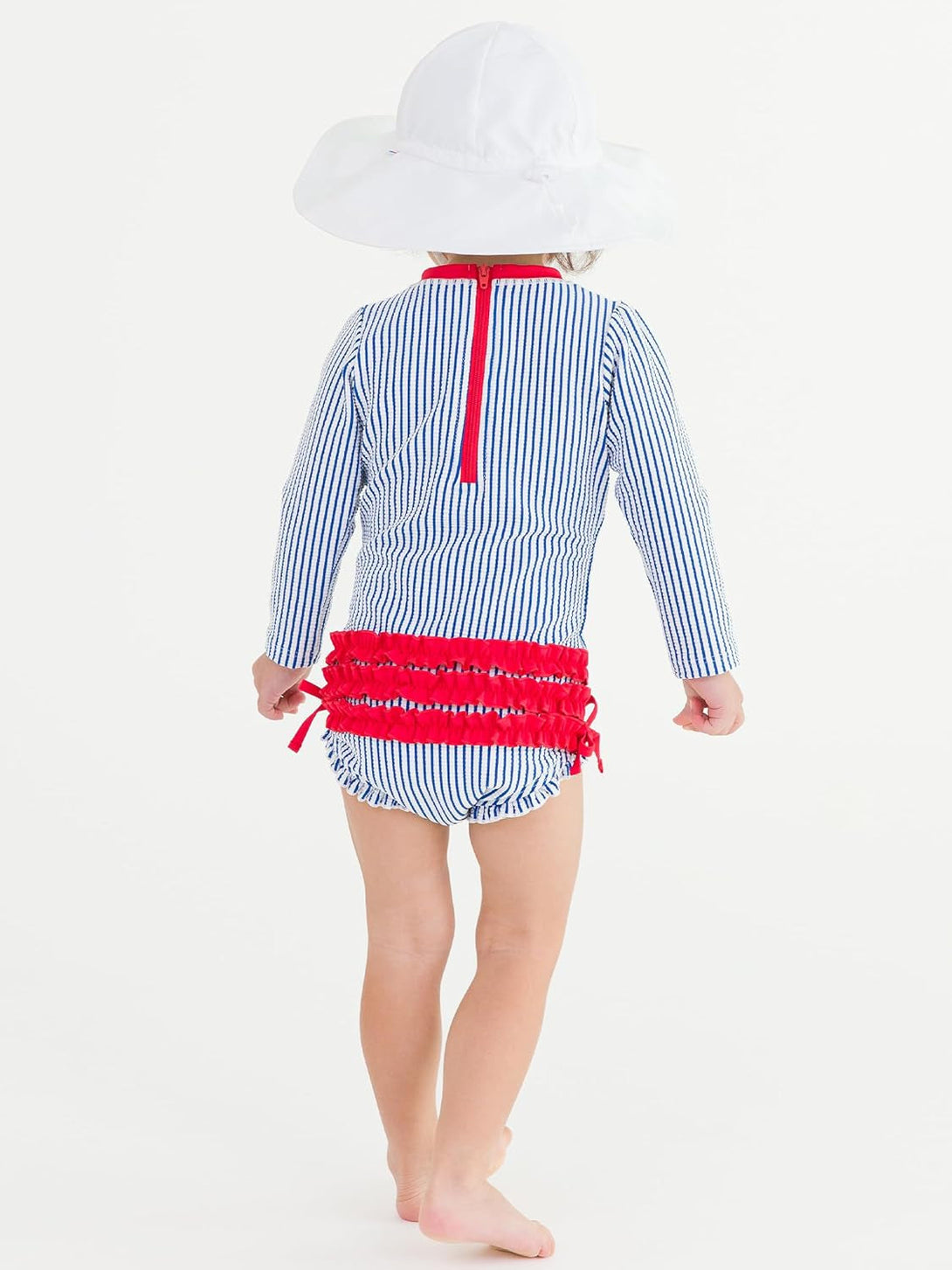 Rufflebutts Baby/Toddler Girls Seersucker Long Sleeve One Piece Rash Guard Swimsuit with UPF 50+ Sun Protection