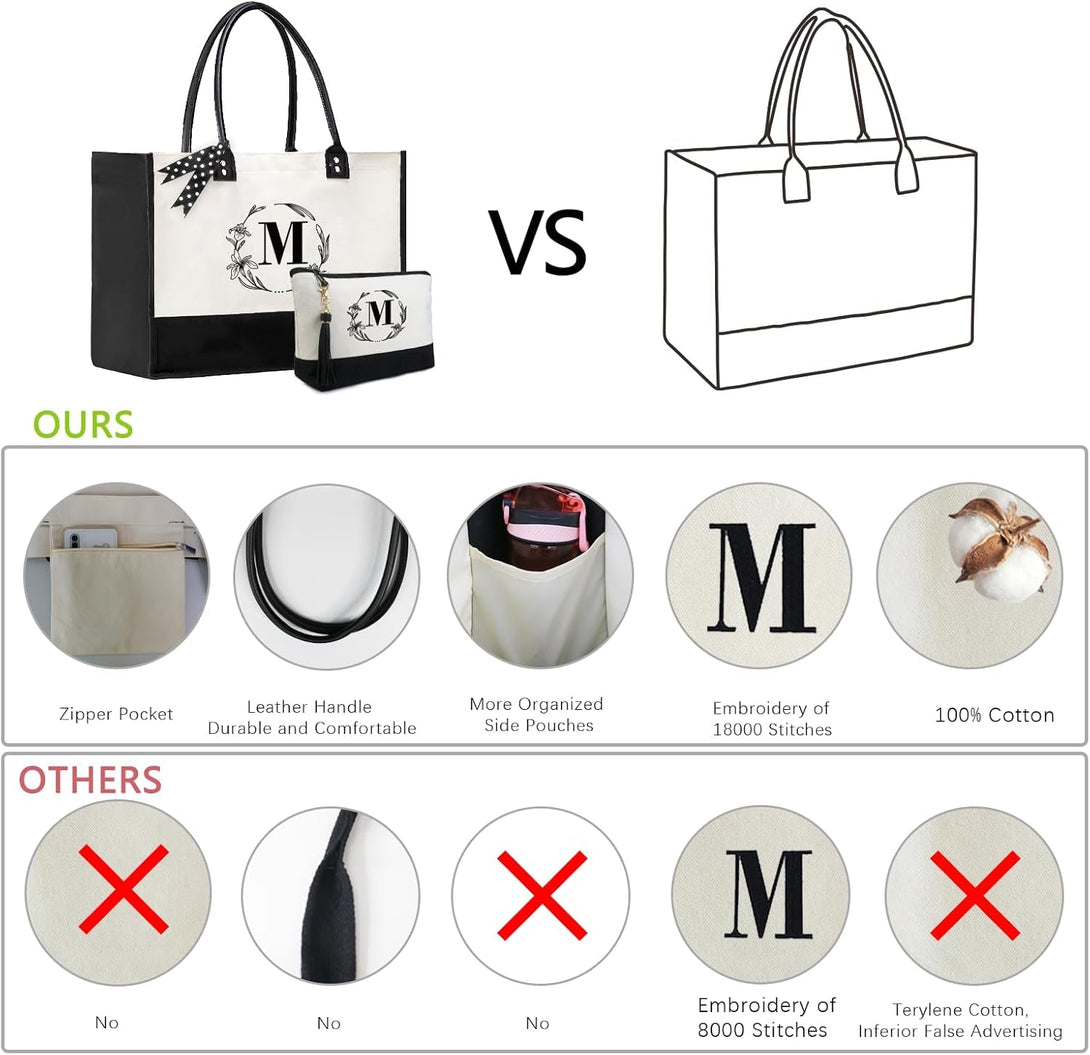 Beegreen Mother'S Day Gifts Personalized Women'S Large White and Black Canvas Tote Bag, Embroidered Initials, Leather Handle, Zipper Closure