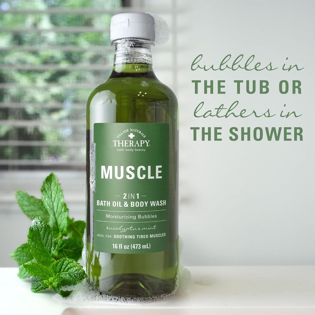 Village Naturals Therapy Muscle Foaming Bath Oil and Body Wash 16 Oz. 2 Pack, Green, 16 Oz