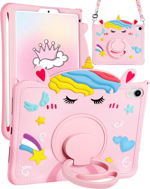 For Ipad Mini A17 Pro/6 Generation Case - 8.3 Inch Mini 7Th/6Th 2021 Gen Case with Pen Holder Cute Cartoon Unicorn Silicone Tablet Cover with Rotating Stand & Strap Girly Teens Girls Funda