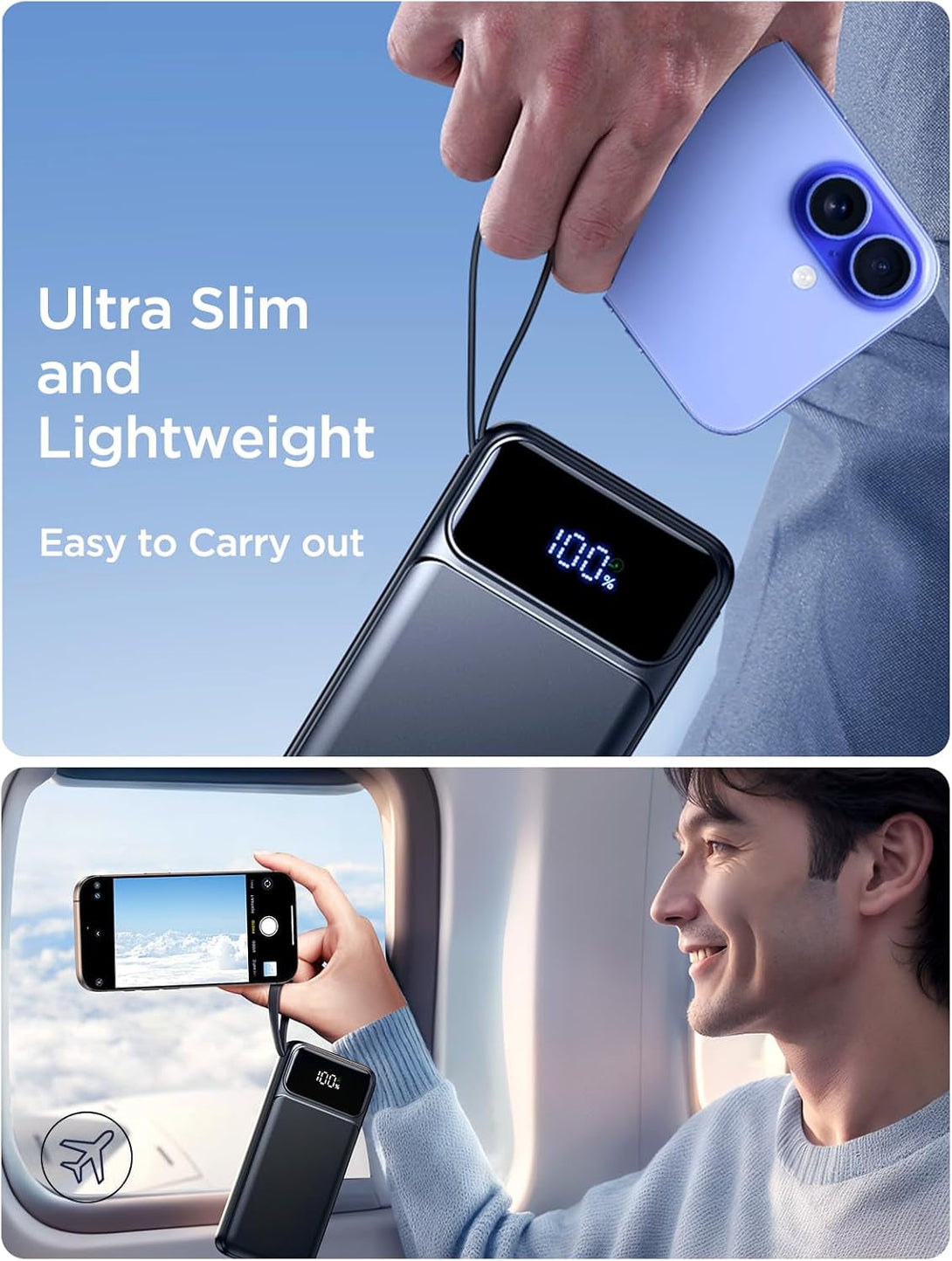 Aioneus Power Bank, Portable Charger with Built in Cable 22.5W Fast Charging Battery Pack 10000Mah Slim 6 Outputs 3 Inputs LED Display Phone Charger for Iphone Samsung Pixel Moto Ipad Travel Essential