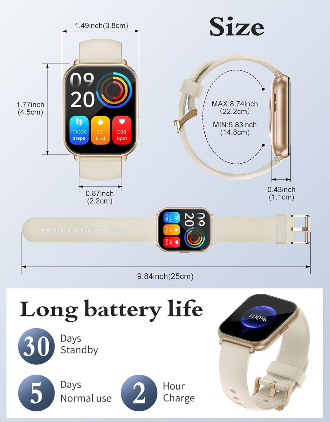RUIMEN Smart Watches for Women Men (Answer/Make Calls), 1.8" Smartwatch for Ios/Android Phones, Fitness Tracker Heart Rate/Sleep Monitor Digital Watch Waterproof (2 Bands Included), Milky White