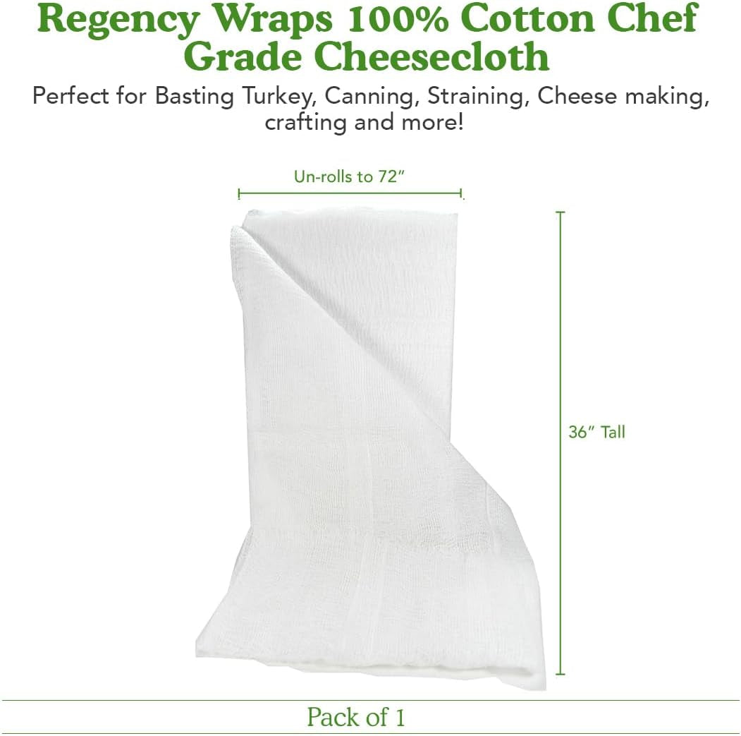 Regency Wraps Chef-Grade 100% Cotton Cheese Cloth 36"X72" (2Yds), Bleach & Dye Free, Food Safe for Cooking, Straining, Roasting Turkey, Durable Cheese Cloths for Crafting, Canning