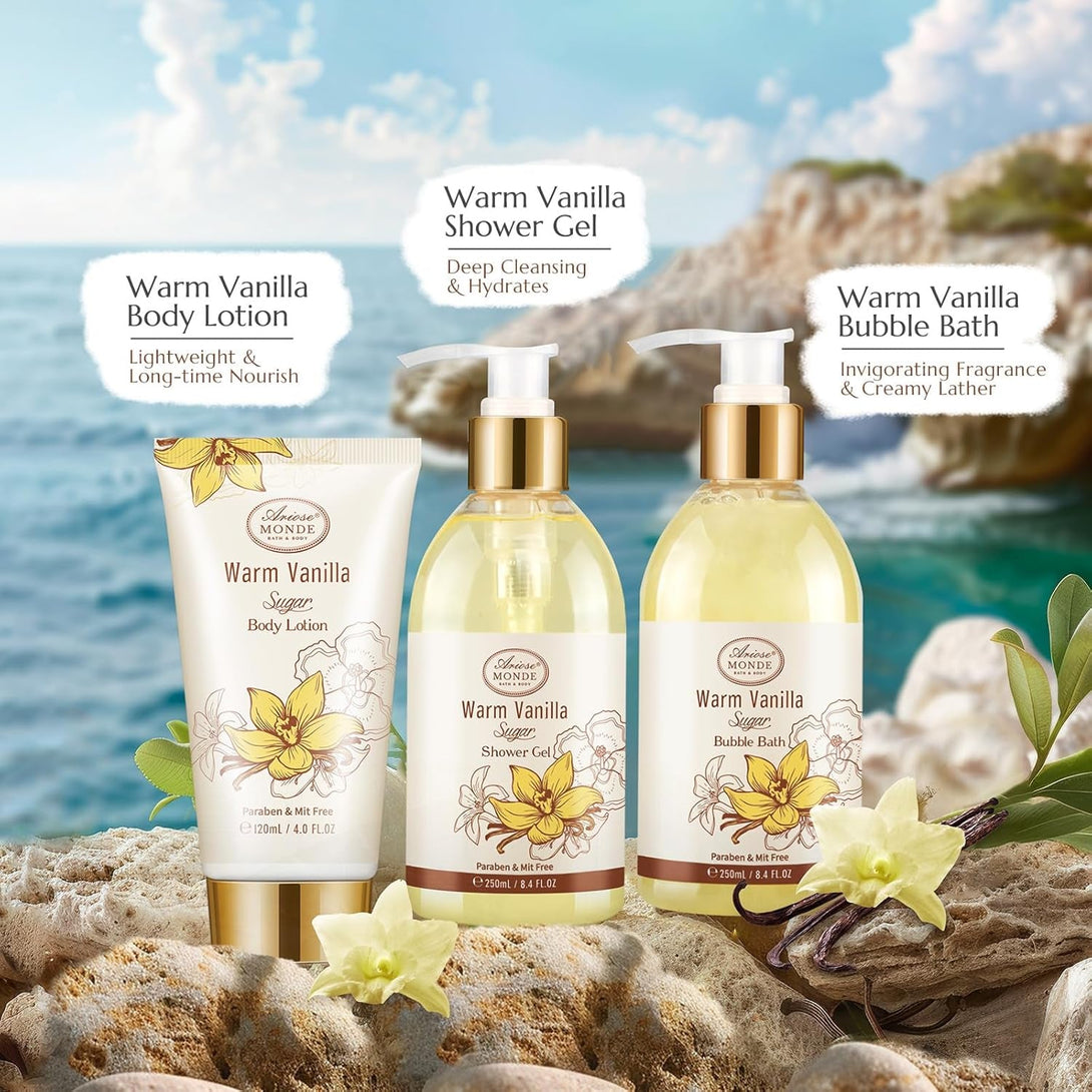 Bath and Body Warm Vanilla Sugar Spa Gifts for Women, with Shower Gel, Bubble Bath, Body Lotion, Bath Bomb, Bath Salt, Spa Basket Gift Set for Women, 7Pcs Set Gifts