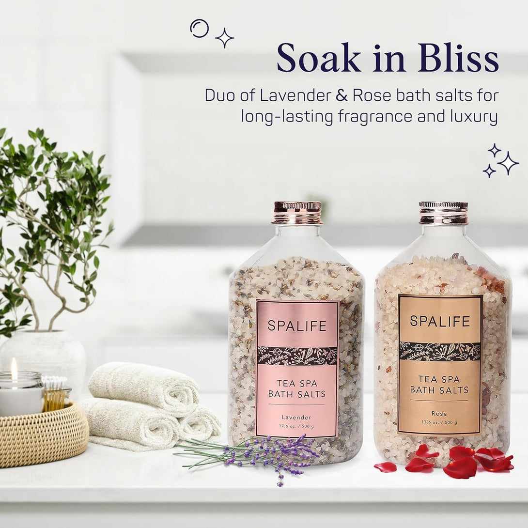 Spalife Tea Spa Petal-Infused Effervescent Mineral Bath Salts - Lavender & Rose, 2-Pack 17.6 Oz. Ea for Relaxing Aromatherapy and Soothing Soaks