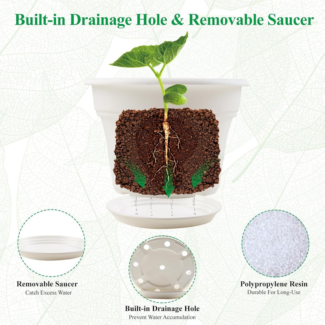 10 Inch Plastic-Flower-Pot-For-Indoor-Plants, 4 Pack Large Outdoor Planter Pot with Drainage Holes & Saucers, Resin Decorative Garden Pots Planters
