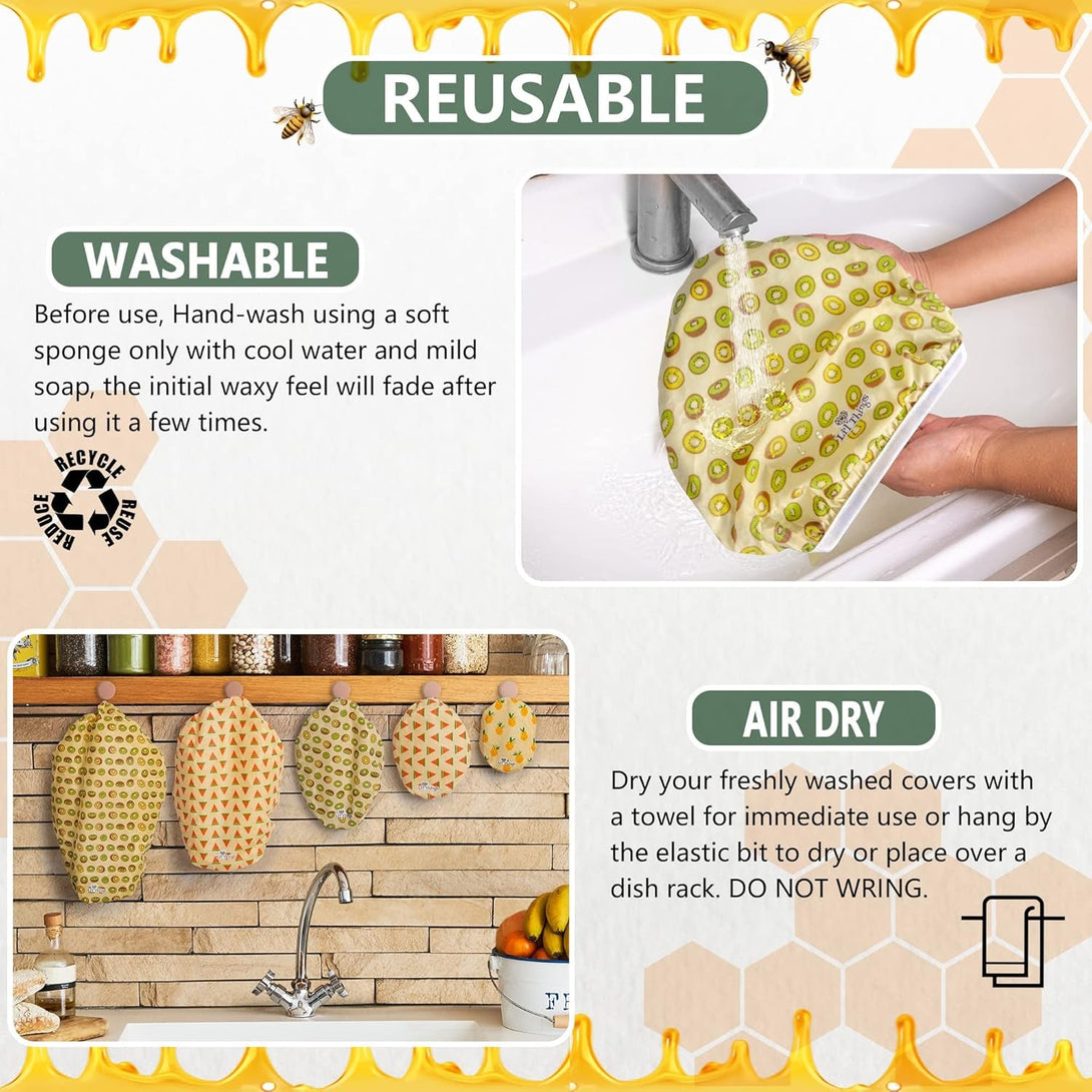Li'L Things Beeswax Bowl Covers – Reusable Food Wrap Set of 5 | Eco-Friendly, Sustainable, Washable & Breathable Covers for Bowls, Jars & Containers (XS/S/M/L/XL) | Fruity Fruit