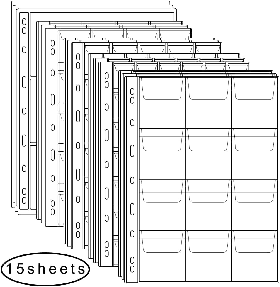 15 Sheets Plastic Coin 9-Hole 5 Sizes Pocket Pages Standard Coin Currency Money Pocket Inserts Collecting Sleeves for Coin Stickers Currency Badges Stamp and Other Collection Storage Supplies