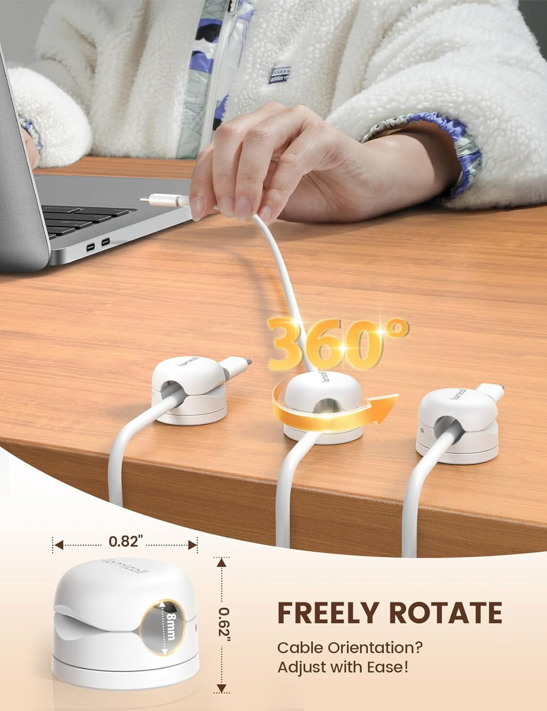 6Pack Rotatable Cord Organizer Cable Clips - Lamicall [1S Lock] Spring Cord Holder, Desk Phone Charger Cable Management, Wire Keeper for Nightstand, Office Accessories & Desk Organizers