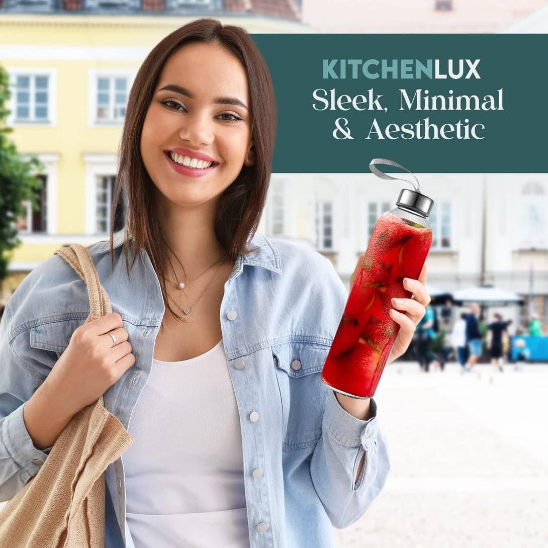 16 Ounce Glass Water Bottles, Reusable Water Bottles with Airtight, Pack of 6, Stainless Steel Lids Carrying Strap and Nylon Water Bottle Protective Sleeves for Hot or Cold Drinks