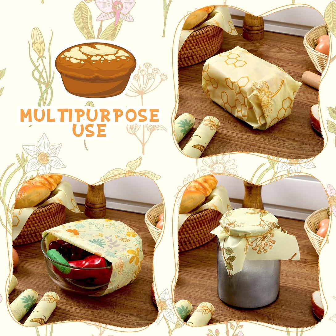 3 Rolls Reusable Beeswax Food Wraps 13'' X 59'' Eco Friendly Sustainable Beeswax Food Storage Wrap Honeycomb Floral Organic Cotton Food Wrap for Bread Sandwich Cheese Fruit