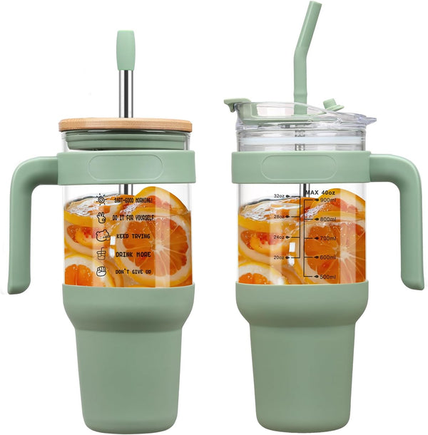 40 Oz Glass Tumbler with 2 Lids - Bamboo Straw Lid & 2-In-1 Sip and Flip Straw Lid, Iced Coffee Cup with Handle, Glass Water Bottle with Silicone Sleeve, BPA Free - 1 Pack