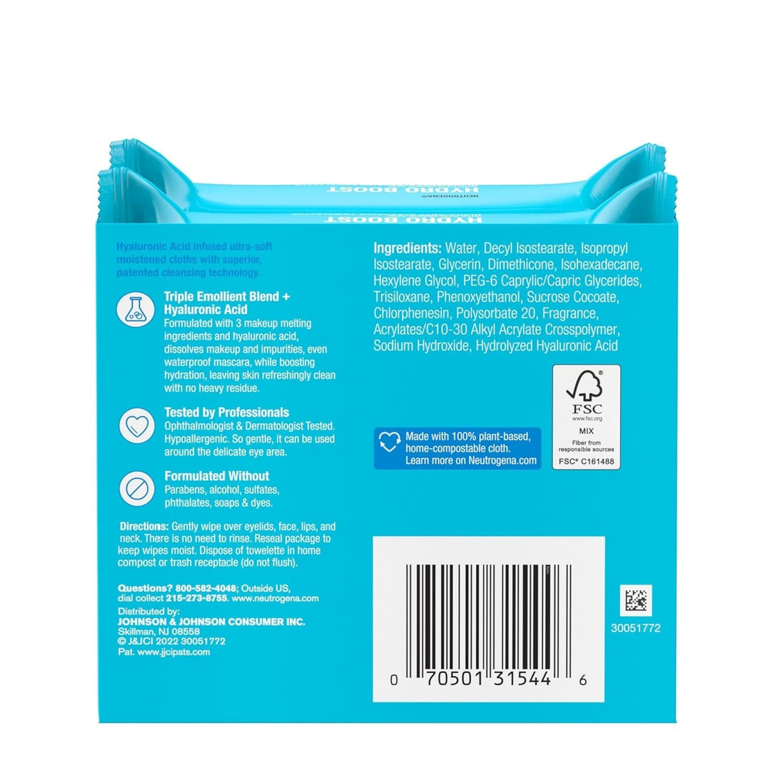 Neutrogena Hydro Boost Face Wipes + Hyaluronic Acid, Hydrating Makeup Remover Wipes Remove Dirt & Waterproof Makeup, Hypoallergenic, 100% Plant-Based Cloth, 2 X 25 Ct