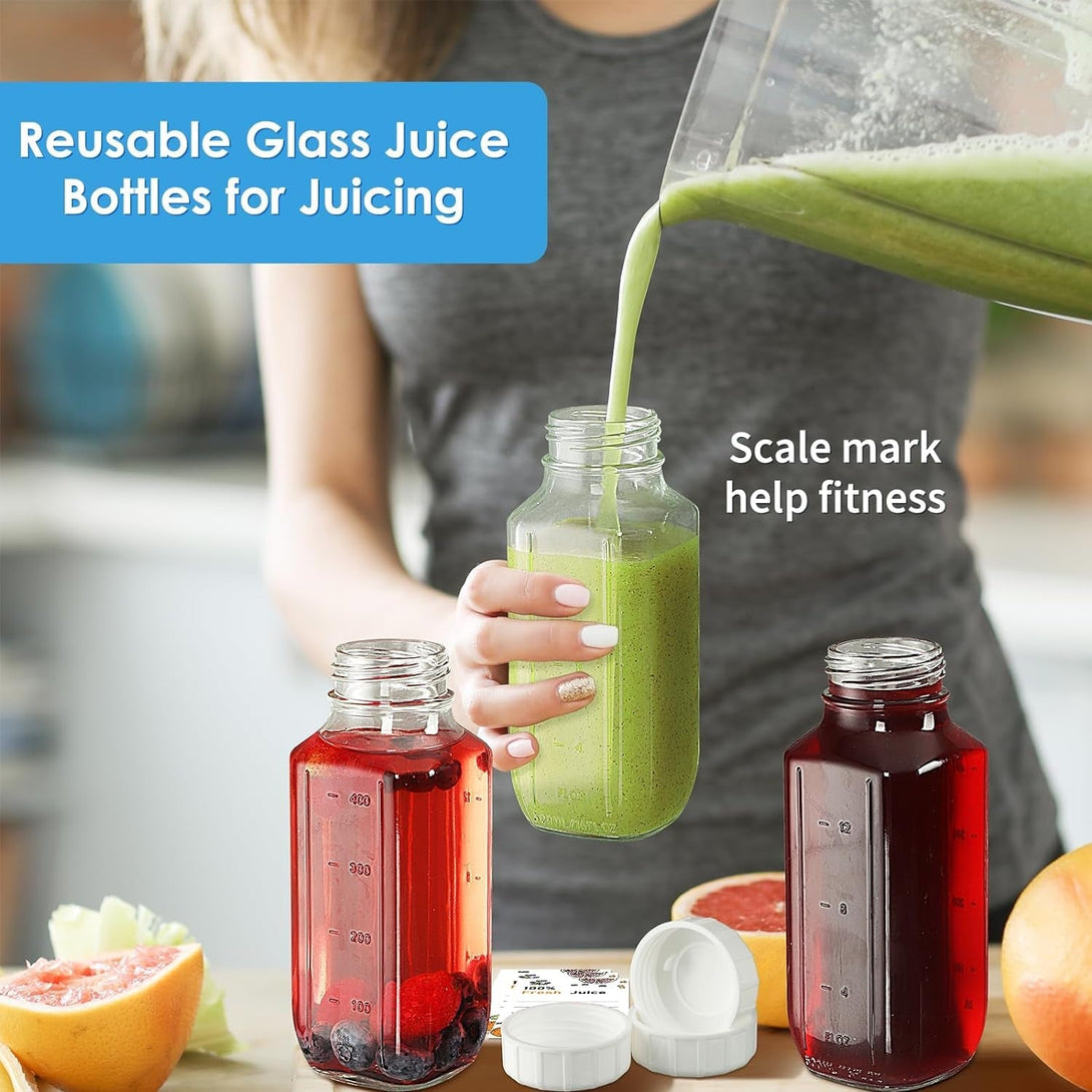 6 Pack 16 Oz Glass Juice Bottles W Pour Spout, 100% Airtight Heavy Duty SCREW Lid- Reusable Glass Milk Bottles W Capacity Mark, Square Drinking Jar Juice Container(Extra 2 Lid)