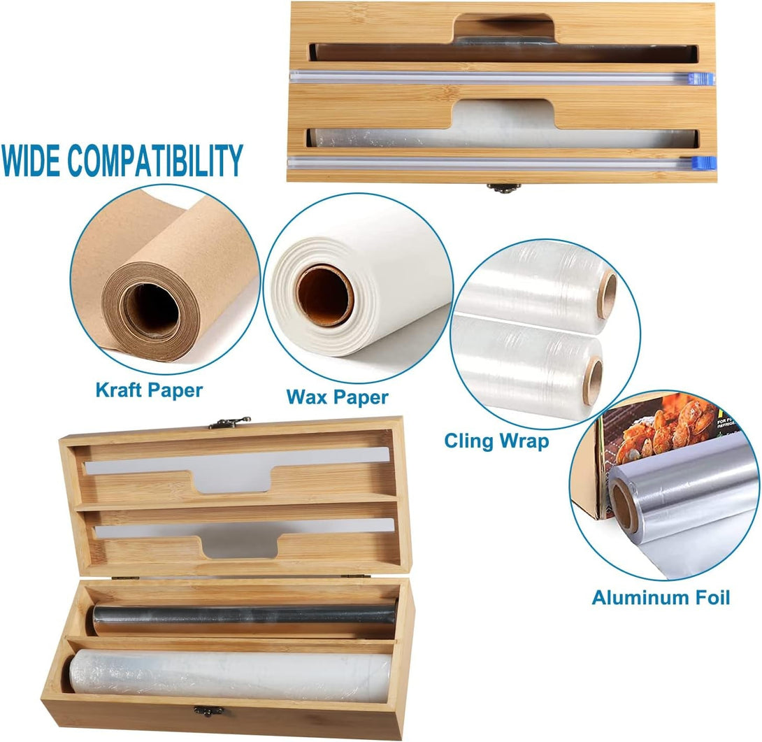 2 in 1 Plastic Wrap Dispenser, with Slide Cutter, for 12-Inch Food Cling Wrap Dispenser,Parchment Paper Aluminum Foil Dispenser for Kitchen Drawer,Roll Organizer Holder,Sturdy and Reusable