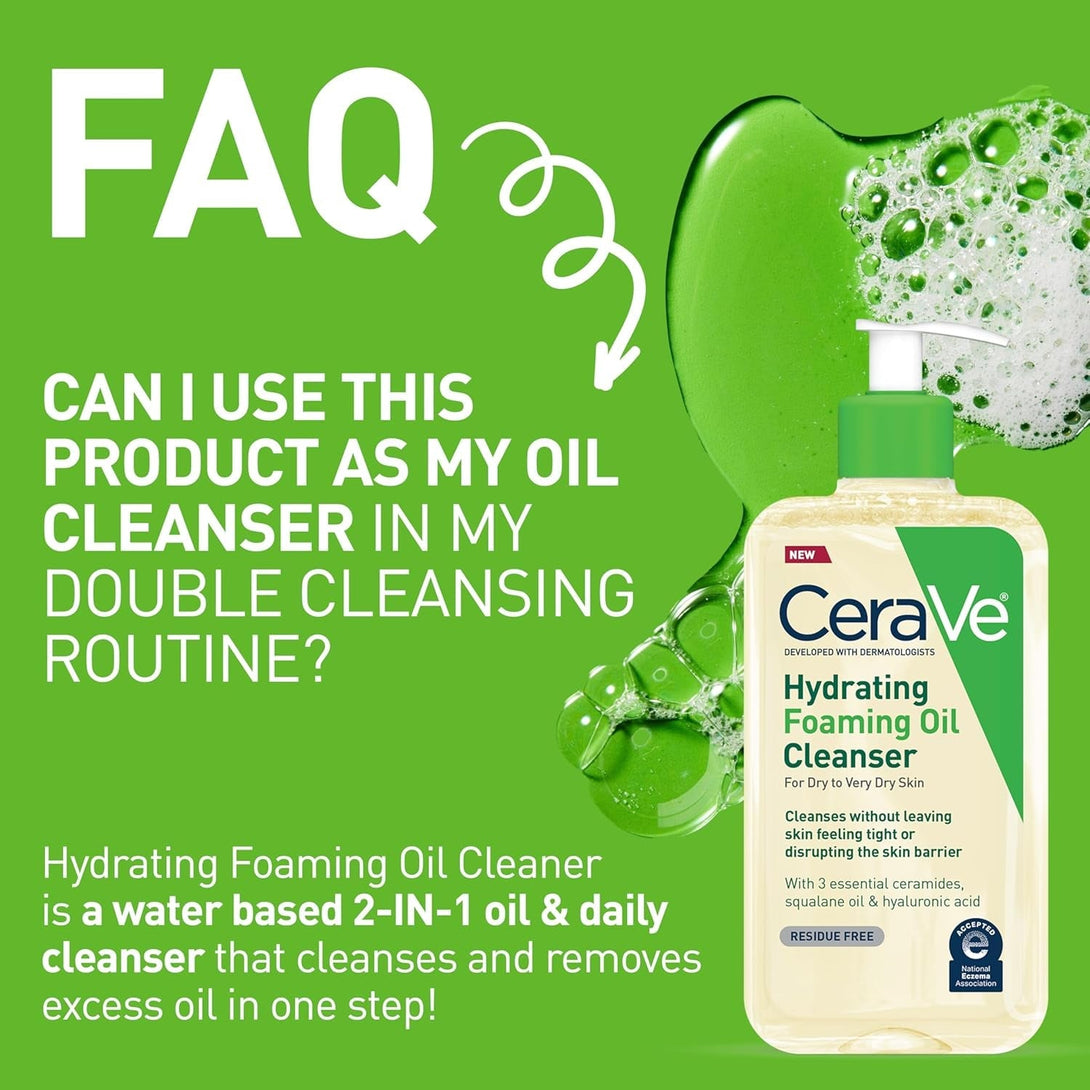 Cerave Hydrating Foaming Oil Cleanser, Moisturizing Cleanser for Face & Body, Squalane Oil + Hyaluronic Acid + Ceramides, for Dry to Very Dry Skin, Fragrance Free & Residue Free, 8 FL Oz