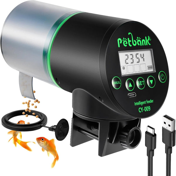 Automatic Fish Feeder for Aquarium - Rechargeable Fish Food Auto Dispenser Vacation Turtle Feeder with USB Charger Cableï¼ŒLcd Screen, Customized Scheduleï¼ŒBlack