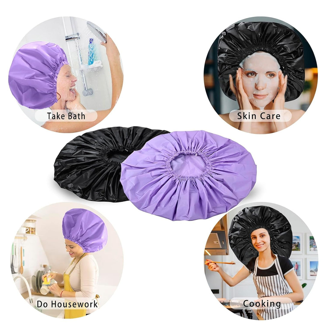Jumbo Size Shower Cap 2 PCS Waterproof Shower Caps for Women, Extra Large Shower Cap, Reusable Super Large Bath Caps Hair Cap for Long Thick Curly Hair, Locs, Twist Braids - Black + Purple