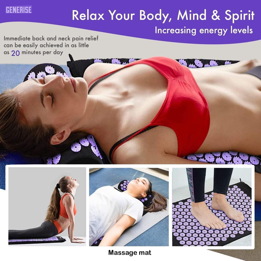 Acupressure Mat Generise Accupressure Body Mat and Pillow Set for Men & Women - Back, Neck and Muscle Pain Relief - Includes Travel Bag with Adjustable Strap (Black with Purple Spikes)
