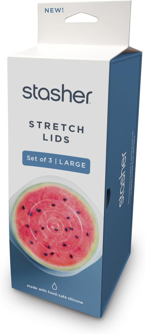 Stasher Premium Reusable Silicone Stretch Lids 3-Pack Box – Large | Clear, 9” Lids | Airtight Seal | Food Container Covers | BPA Free, Leak-Free, Dishwasher Safe, Microwave Safe, Eco-Friendly