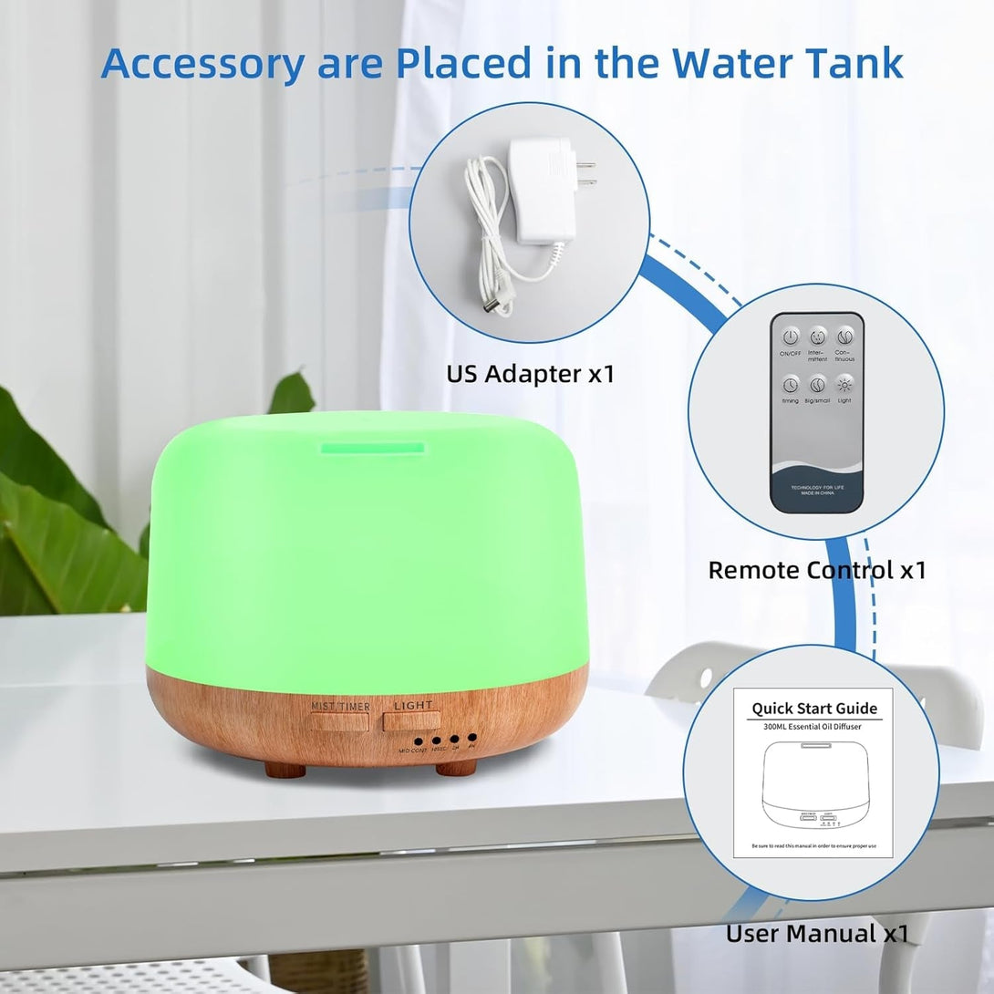 Aromatherapy Essential Oil Home Diffuser with Remote Control, 300ML Large Room Cool Mist Air Humidifier, 8 Hours Quiet Operation, Timer, 7 Colors LED Night Night，Suitable Home,Yoga.