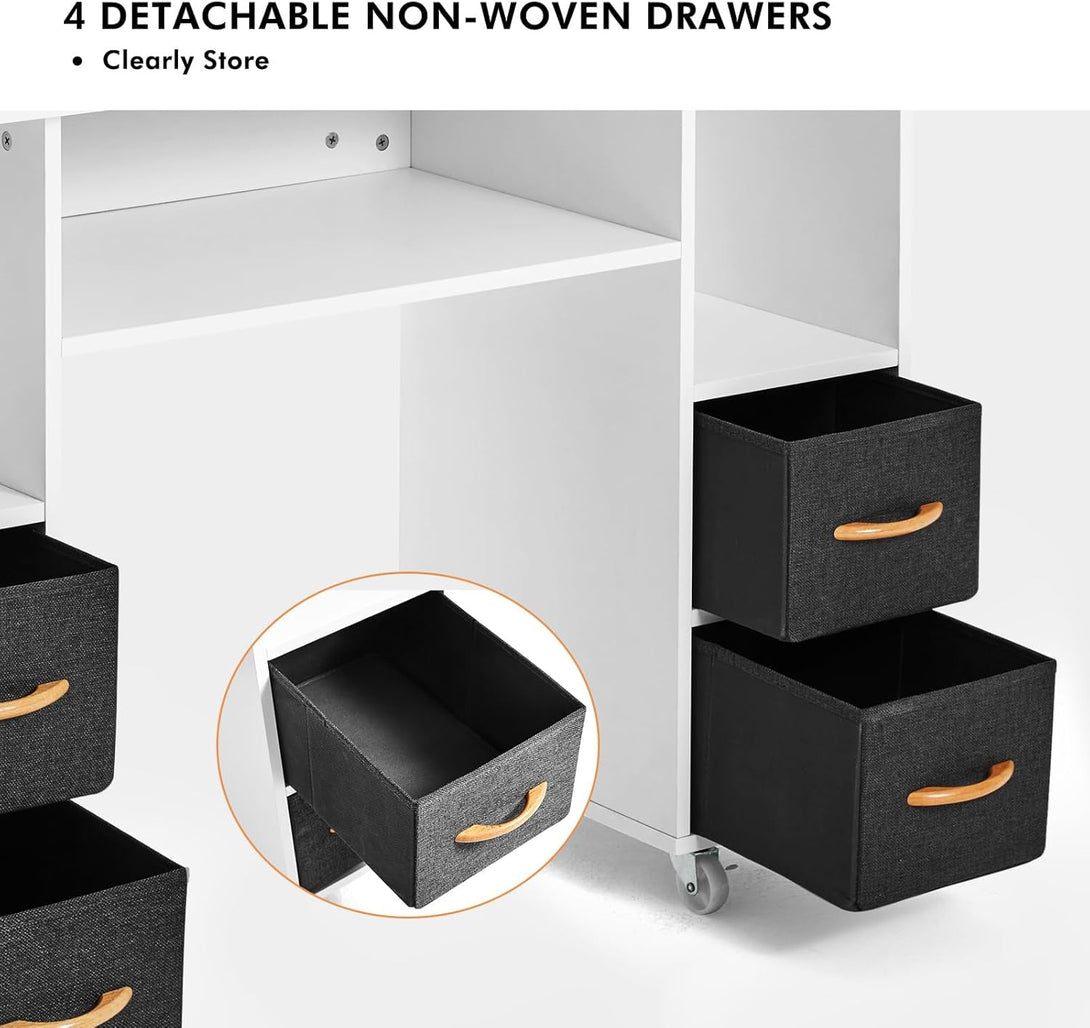 Artist Hand Nail Table, Manicure Table, Nail Tech Table Station, Wrist Cushion, Lockable Wheels, Fabric Storage Drawers, Wooden Handle, White