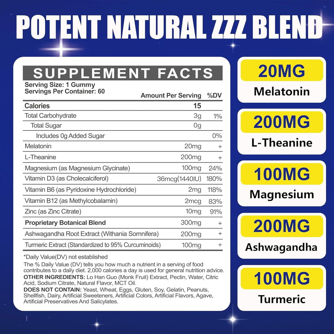 Melatonin 20Mg Gummies for Adults - Sugar Free Melatonin Gummies Extra Strength with L-Theanine, Magnesium, Ashwagandha, Turmeric, D3 & Zinc - Non-Habit Forming
