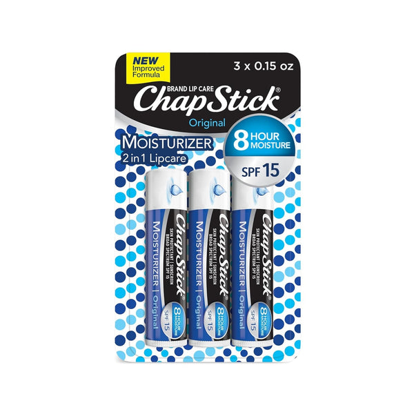 Chapstick Moisturizer Original Lip Balm Tubes, SPF 15 and Skin Protectant - 0.15 Oz, 3 Count (Pack of 1)