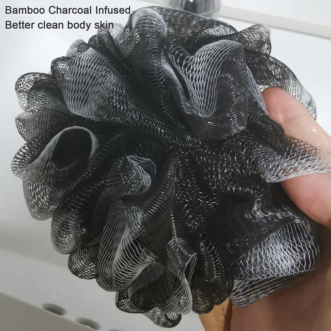 Shower Sponge Loofah Back Scrubber,Loofah on a Stick,Pe Soft Mesh Loofah Body Scrubber with Wooden Handle,Bath Sponge for Women Kids (Black)