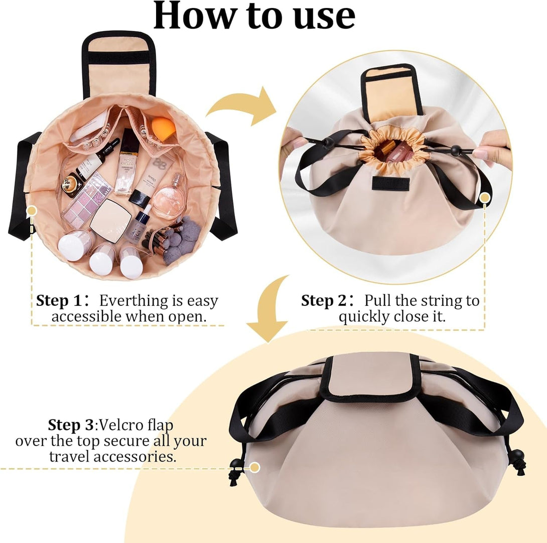 Barrel Drawstring Makeup Bag Large Travel Makeup Bag,Portable Large Capacity Cosmetic Bag Toiletry Organizer for Travel Accessories Make up Essentials and Hair Product,Gifts (Khaki)