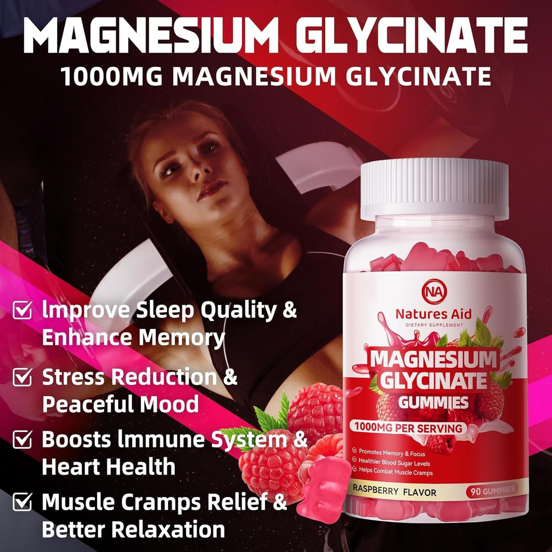 Magnesium Glycinate Gummies 1000Mg - Sugar Free Magnesium Potassium Supplement with Vitamin D, B6, Coq10 for Calm Mood & Sleep Support - 180 Raspberry Gummies.