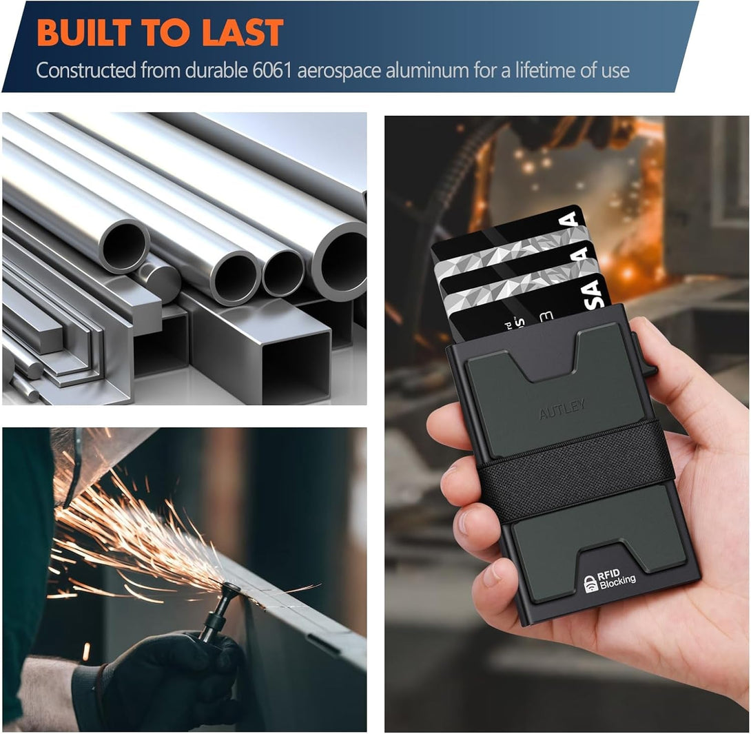 AUTLEY Slim Card Holder, Minimalist Pop up Wallet for Men, RFID Blocking Mens Wallet with Cash Band (Black)