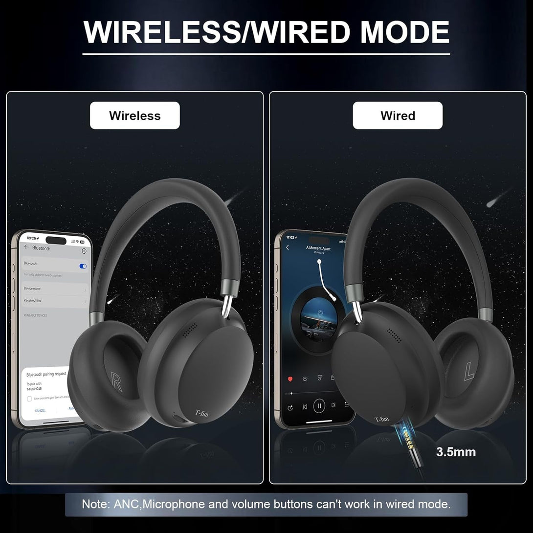 T-Fun NC45 Active Noise Cancelling Headphones, Comfortable Wireless over Ear Headset with Mic, 55H Playtime, Hi-Res Audio, Deep Bass, Low Latency, Bluetooth 5.3 ANC Headphones for Travel Home