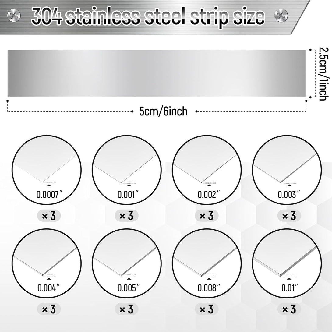 Amylove 24 Pcs 304 Stainless Steel Strips Shim Stock Metal Shims 1" Width X 6" Length Assortment 8 Thickness Sizes Thin Metal Sheet for Kitchen Trim Gap Filler Tools Home Improvement