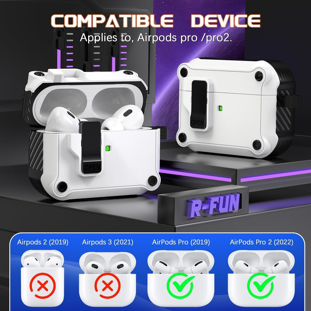 R-Fun Compatible with Airpods Pro 2Nd Generation 2023(Usb-C),2022(Lightning Cable),1St Gen 2019 Charging Case, Full Drop Protection Auto Pop-Up Lid Design with Cleaner Kit,White