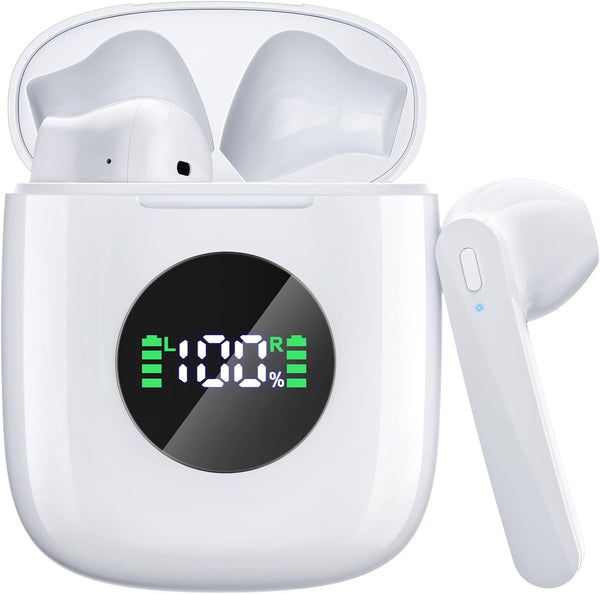Ear Buds Bluetooth Headphones 50H Playtime Wireless Earbuds with Wireless Charging Case Dual LED Display Bluetooth Earbuds Deep Bass Stereo in Ear Headphones for Smartphone Laptop Sports Workout White