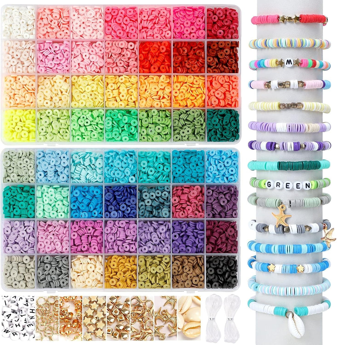 QUEFE 14420Pcs Beads for Bracelet Making Kit, 56 Colors Spacer Heishi Beads Flat round Polymer Clay Beads with Pendant Charms Kits and Elastic Strings