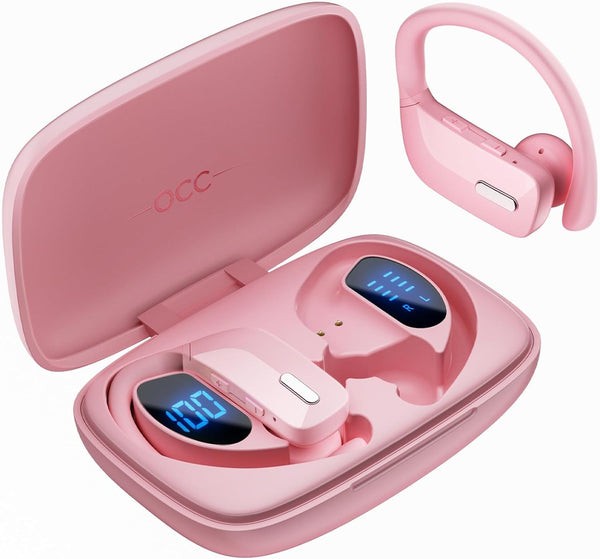 Wireless Sport Bluetooth Headphones 80Hrs Stereo with HD Mic with Earhooks ENC Noise Canceling Over-Ear Earphones, IP7 Waterproof Headset for Computer Workout Running Pink